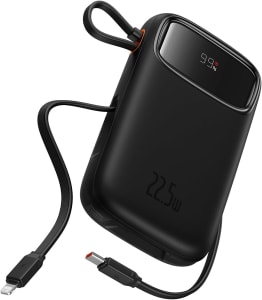 Carregador portátil Baseus Power Bank, carregador de telefone portátil de carregamento rápido de 22,5 W com cabo de saída USB-C e iOS integrado, bateria portátil com display LED (Preto, 20000mAh)