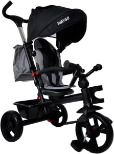 Replay Kids Triciclo Infantil Bebê Waygo, com Pedal, Puxador 2 em 1 Frente ou Costas, Cinto 3 pontos, Capota, Porta Copos Objetos e Bolsa, (Até 25kgs), Cinza