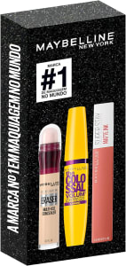 Kit Queridinhos Maybelline NY Batom Liquido Matte Ink 65 Seductress + Máscara de Cílios Colossal Lavável + Corretivo Eraser 100 Ivory