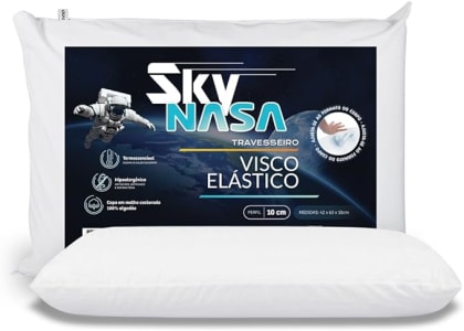 Travesseiro Nasa Sky Viscoelástico Altura 10cm - Visco D28 Premium - Capa 100% algodão - Branco - Nap - para fronhas 50x70cm