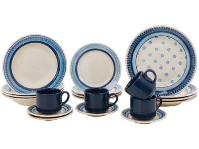 Aparelho de Jantar e Chá 20 Peças Biona de Cerâmica - Redondo Branco e Azul Donna