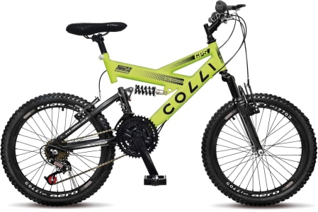 Bicicleta Infantil Colli GPS 310, Aro 20, 21 Marchas, Tamanho Quadro 14, Aço Carbono, Dupla Suspensão (Amarelo Neon)