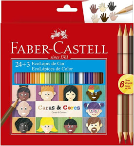 Lápis de Cor, Faber-Castell, Ecolápis Caras & Cores, 120124CC, 24 Cores + 3 Tons de Pele