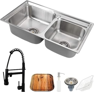 Kit Cuba para Cozinha Pingoo.Casa com Acessórios e Tábua Pia Dupla Gourmet Aço Inox Ticunas e Torneira Misturador Mon