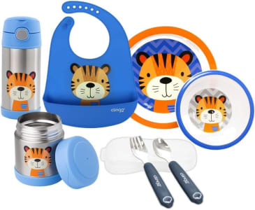 Clingo Kit Alimentação Bebê 7 Peças, Babador, Garrafa + Pote Térmico, Tigela E Prato, Talheres Em Metal, Livre De BPA, Azul