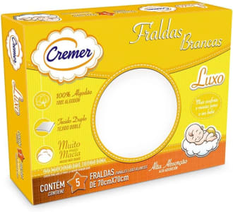 Fralda Luxo Branca 70 x 70 cm PC com 5 Unidades, Cremer (Embalagem pode variar)