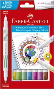 Caneta Hidrográfica Ponta Dupla, Faber-Castell, Contorna & Pinta, 10 Cores