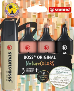 Marca Texto – STABILO BOSS ORIGINAL NatureCOLORS – Estojo com 4 unidades – Mud Green, Sienna, Umber, Preto