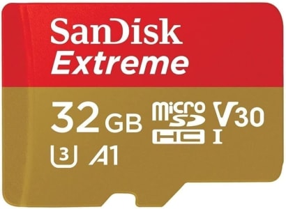  Cartão de memória SanDisk 32GB Extreme microSDHC UHS-I com adaptador - C10, U3, V30, 4K, A1, Micro SD - SDSQXAF-032G-GN6MA, vermelho/dourado 