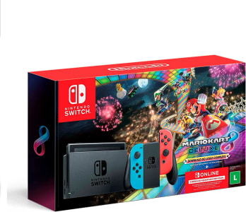  Console Nintendo Switch Azul e Vermelho + Joy-Con Neon + Mario Kart 8 Deluxe + 3 Meses de Assinatura Nintendo Switch Online 