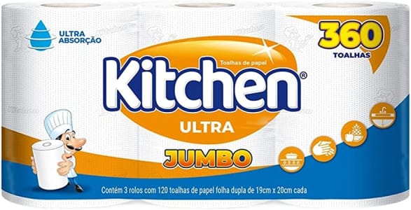 Papel Toalha Kitchen Jumbo Folha Dupla - Pack com 3 rolos de 120 unidades de 19x20 cm cada