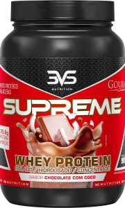 Whey Supreme 3W 900g - 3VS Nutrition - 25 gramas de proteína por porção - Concentrado, Isolado e Hidrolisado - Rápida absorção, ganho e manutenção de massa muscular. Textura cremosa. Sabores Gourmet perfeitos para Shakes, Smoothies e outras receitas criativas. (Chocolate/Coco)