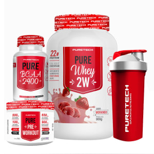 Kit PureTech Whey 2W 900g + BCAA 2400 120 caps+ Pré Treino 100g + Coqueteleira