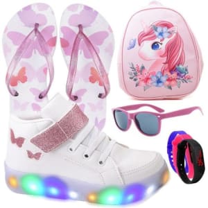 Tenis Infantil De Led Botinha Borboleta Meninas Feminino + Mochila Chinelo Oculos Relogio - Branco