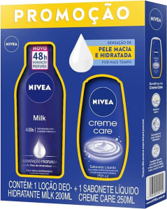 NIVEA Kit Loção Hidratante Milk Pele Seca a Extrasseca 200ml + Sabonete Líquido Creme Care 250ml-embalagem variável