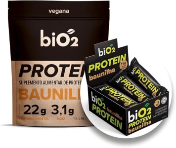 biO2 Mega Pack Protein Baunilha 908 g + Display Protein Bar Baunilha, 12 unidades de 45 g - Vegana e sem Glúten