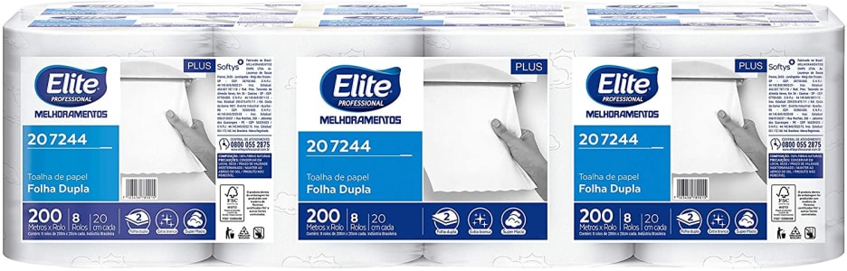 Papel Toalha em Rolo Folha Dupla com 8 Rolos de 200m Cada - Elite Professional