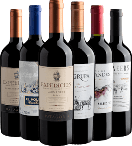 Kit 2 Malbecs + 2 Cabernets Sauvignons + 2 Carménères por R$26,90 cada garrafa