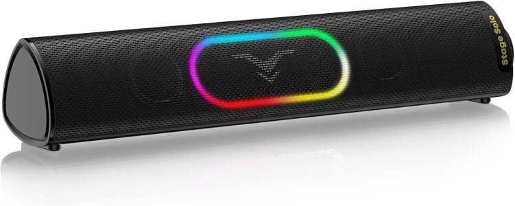 Caixa de Som USB Stage Solo Bluetooth 5.3 Speaker 12W com Som Estéreo e HiFi, 3 Modos de Luz RGB e Conexões, Gamer Soundbar Alimentado por USB para Computador, Desktop, Laptop, Projetor, PS4, PS5