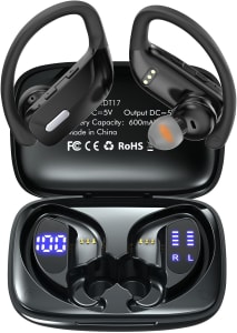 Fones de Ouvido Sem Fio Para Exercícios Hrich, Bluetooth 5.0, À Prova d'água, Com Microfone, Display LED, 48H De Duração Com Estojo (Preto)