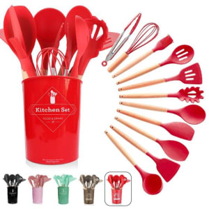 Kit Jogo 12 Peças Utensílios De Silicone Para Cozinha Com Cabo De Madeira + Balde — Vermelho