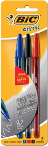 Canetas de Ponta Fina Bic Cristal Precisão e Suavidade – Ponta Ultra Fina de 0.7mm. Pacote com 3 canetas – Preta, Azul e Vermelha
