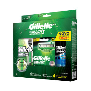 Kit Aparelho de Barbear Gillette Mach3 Sensitive Acqua-Grip + 3 Cargas + Gel de Barbear Complete Defense 72 ml