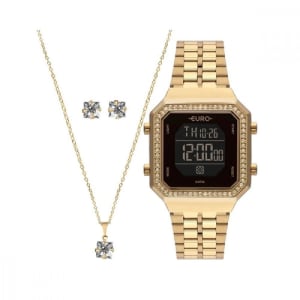 Relógio Euro Feminino Fashion Fit Diamond EUBJK032ABK4P + Colar e Brincos