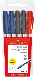 Caneta Esferográfica Faber-Castell Trilux 032/OFFICE 1.0mm Azul/Preto/Vermelho - 5 Unidades