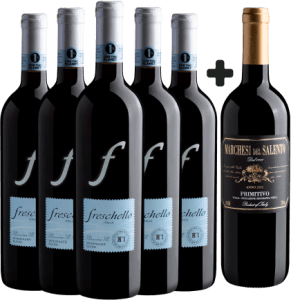 Kit 6 Freschello Vino Rosso Blend por R$36,90 cada + 1 Marchesi del Salento Primitivo Grátis