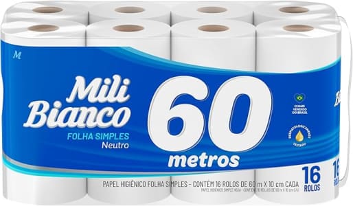 Mili Bianco Papel Higiênico 60m Folha SIMPLES Neutro - 16 rolos