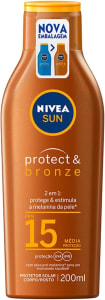 NIVEA SUN Protetor Solar Protect & Bronze FPS15 200ml - Com ativo de pró melanina, resistente à água, protege dos raios UVA/UVB, ajuda a manter a cor bonita e uniforme por mais tempo, para um bronzeado saudável