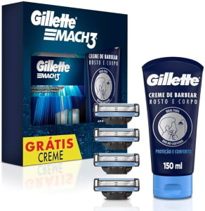 1 Kit Gillette Mach3, Carga para Aparelho 4 Uds + Gillette Creme de Barbear Rosto e Corpo 150mL