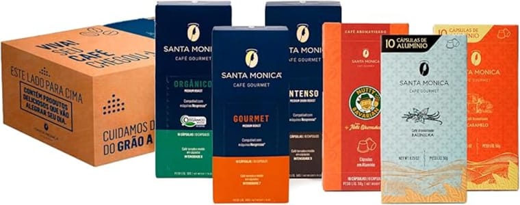 Pack Café Santa Monica Cápsulas Gourmet Santa Monica - Intenso, Tradicional, Orgânico, Baunilha, Caramelo e Nutty Bavarian 60 capsulas Compatível Com Nespresso