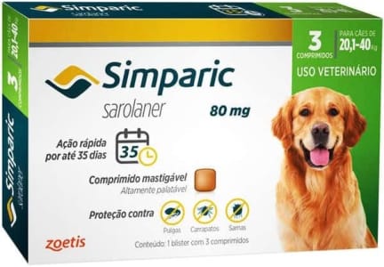 Antipulgas para Cães Simparic Zoetis 20,1 até 40kg 3 Comprimidos 80mg