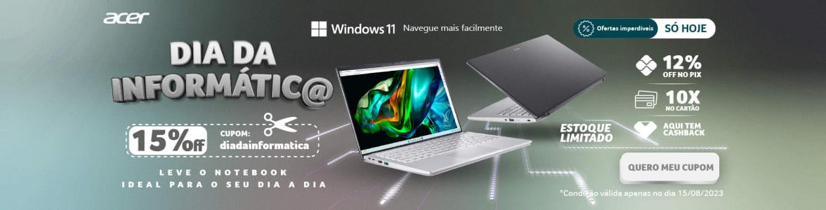 Ganhe 15% de Desconto + 12% de Desconto no Pix em Todo Site Acer