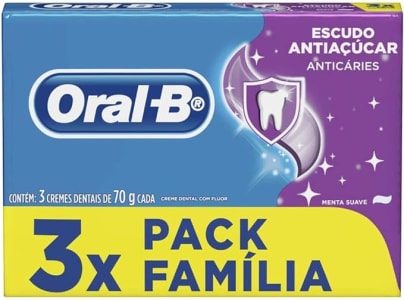3 Pacotes Creme Dental Oral-B Escudo Anti Açúcar 70g Cada - 9 Unidades