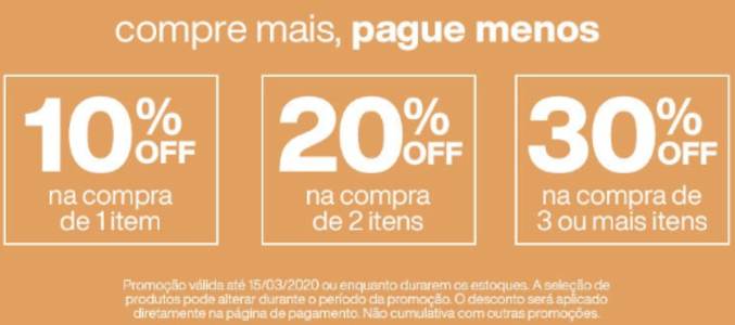 Desconto progressivo na Natura - 1 item 10% off/ 2 itens 20% off/  3 ou mais itens 30% off