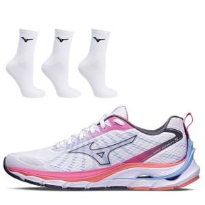 Tênis Treino Feminino Wave Dynasty 5 + Kit 3 Meias - Mizuno, Tamanhos 34, 35, 38, 39 e 40 (Branco)