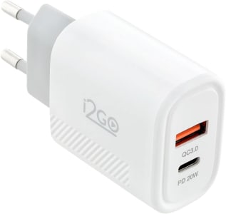 Carregador de Parede Ultra Rápido com 1 Saída USB-C Power Delivery 20W + 1 Saída USB-A 18W I2GO - i2GO PRO Branco