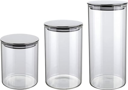 Conjunto Com 3 Potes De Vidro Transparente Slim Com Tampa Inox, Vdr6866-3, Euro Home