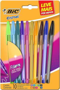 Canetas Coloridas Bic Cristal Fashion 10 Cores Vibrantes, Ponta Esferográfica Média de 1.2mm, Escrita Suave e Cores Vibrantes