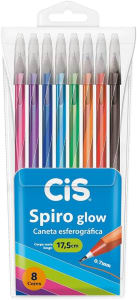 Caneta Esferográfica SPIRO GLOW, CIS, Multicor, Estojo com 8 unidades