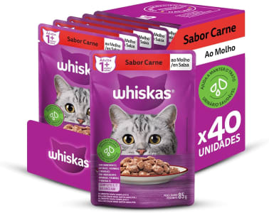 Pack 40 Unidades Ração Úmida Whiskas Sachê Carne ao Molho para Gatos Adultos 85g