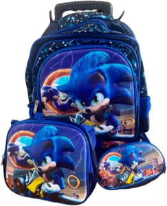 Kit Mochila Infantil Sonic com Rodinhas + Lancheira Térmica + Estojo Escolar em 3D