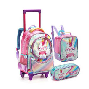 Kit Mochila Infantil Carrinho Rodinhas + Lancheira + Estojo Unicornio - Denlex