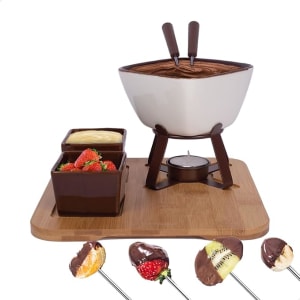 Conjunto Fondue Em Cerâmica Quadrado 8 Peças 300ml Chocolate Queijo Frutas - 3 Velas