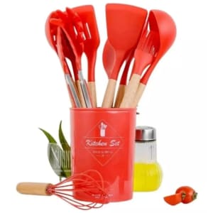 Jogo Kit Com 12 Peças Utensílios De Cozinha Colheres Espatulas Pegador Silicone Copo Suporte (Várias Cores)