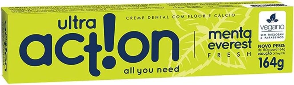 Creme Dental, Vegano, Menta Everest, com Flúor e Cálcio, sem Triclosan e Parabenos, 164g, Ultra Action