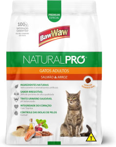 2 Pacotes | Ração Baw Waw Natural Pro para Gatos Adultos Sabor Salmão e Arroz - 1kg Cada